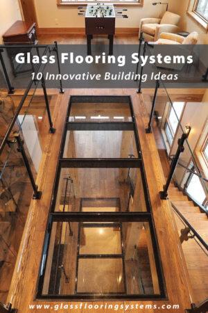 pinnable graphic for "10 Innovative Building Ideas" published by Glass Flooring Systems depicting a multi-floor home with wood and glass flooring.
